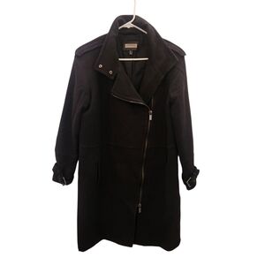 MNG Suit Womens Long Black Trench Coat Jacket Cotton/Wool Blend Full Zip Large